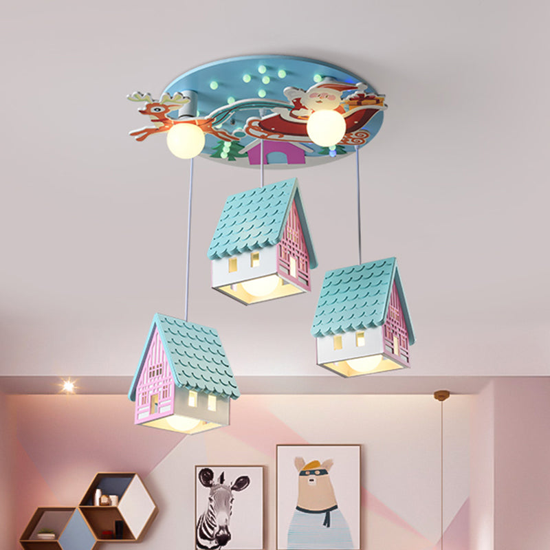 Blue House Pendant Lighting Cartoon 5 Heads Wooden Hanging Ceiling Light with Santa Claus and Deer Decor Clearhalo 'Ceiling Lights' 'Pendant Lights' 'Pendants' Lighting' 1649826