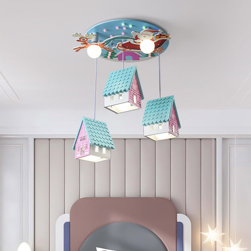 Blue House Pendant Lighting Cartoon 5 Heads Wooden Hanging Ceiling Light with Santa Claus and Deer Decor Clearhalo 'Ceiling Lights' 'Pendant Lights' 'Pendants' Lighting' 1649827