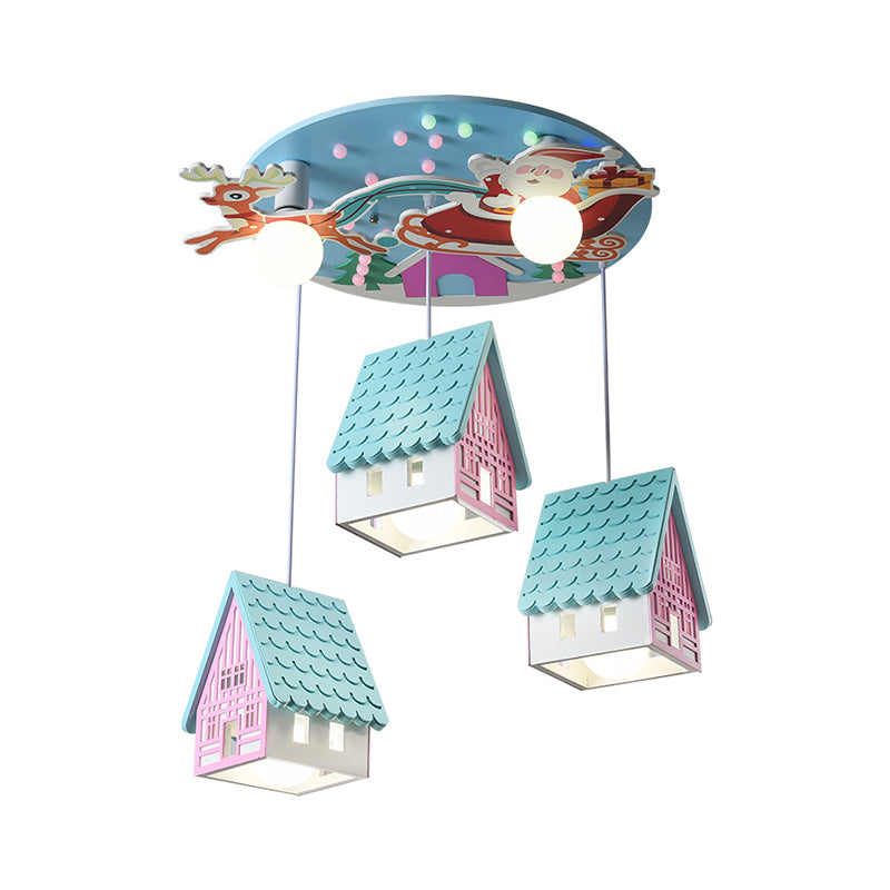 Blue House Pendant Lighting Cartoon 5 Heads Wooden Hanging Ceiling Light with Santa Claus and Deer Decor Clearhalo 'Ceiling Lights' 'Pendant Lights' 'Pendants' Lighting' 1649828