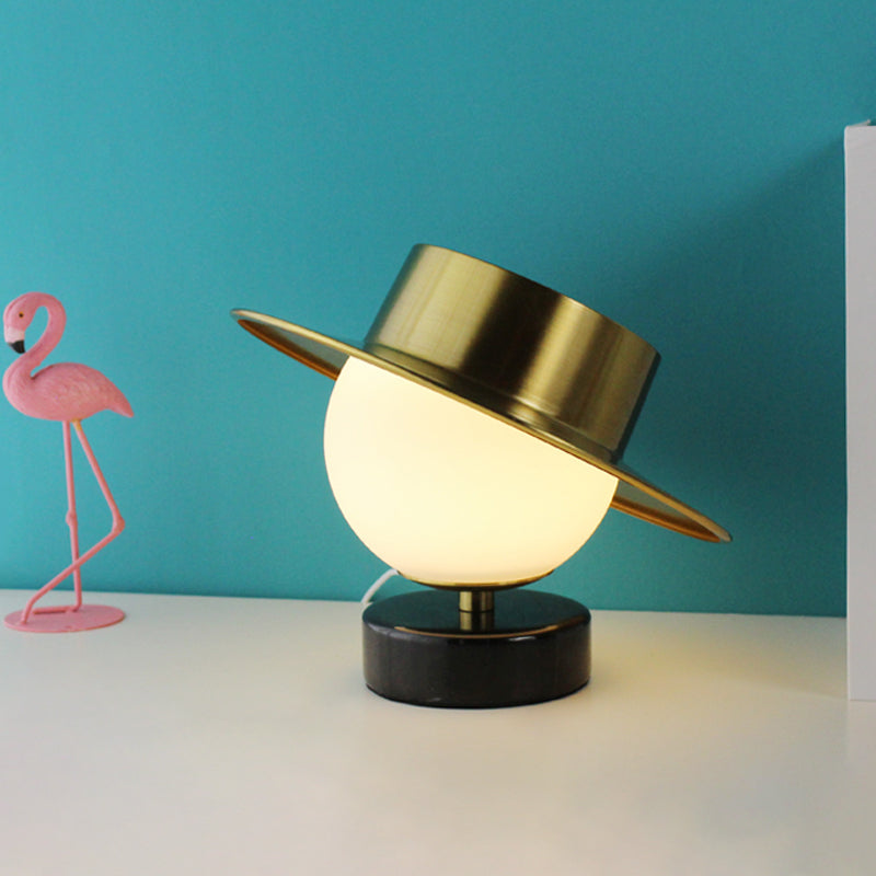 Hat Metallic Table Light Contemporary 1 Head Brass Nightstand Lamp with Milk Glass Shade Clearhalo 'Lamps' 'Table Lamps' Lighting' 1649873
