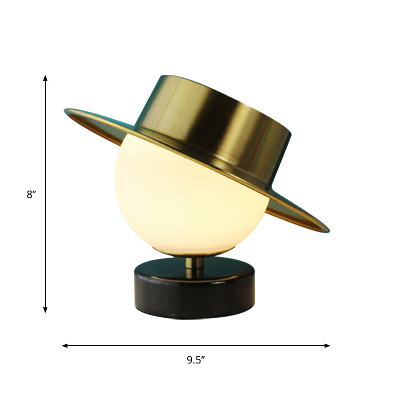 Hat Metallic Table Light Contemporary 1 Head Brass Nightstand Lamp with Milk Glass Shade Clearhalo 'Lamps' 'Table Lamps' Lighting' 1649875