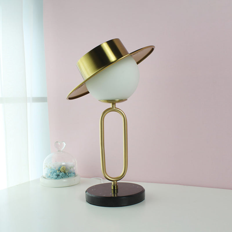Metal Hat Desk Light Cartoon 1 Light Table Lamp with Cream Glass Shade and Marble Base in Brass Clearhalo 'Lamps' 'Table Lamps' Lighting' 1649882