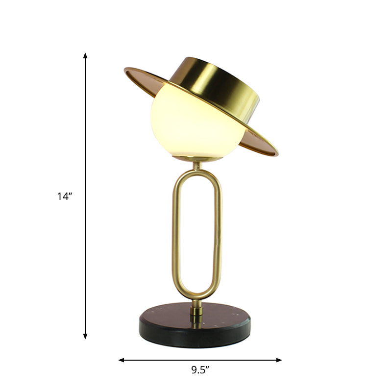 Metal Hat Desk Light Cartoon 1 Light Table Lamp with Cream Glass Shade and Marble Base in Brass Clearhalo 'Lamps' 'Table Lamps' Lighting' 1649884