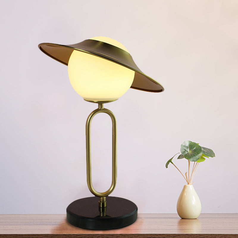 Metal Hat Desk Light Cartoon 1 Light Table Lamp with Cream Glass Shade and Marble Base in Brass Brass B Clearhalo 'Lamps' 'Table Lamps' Lighting' 1649885