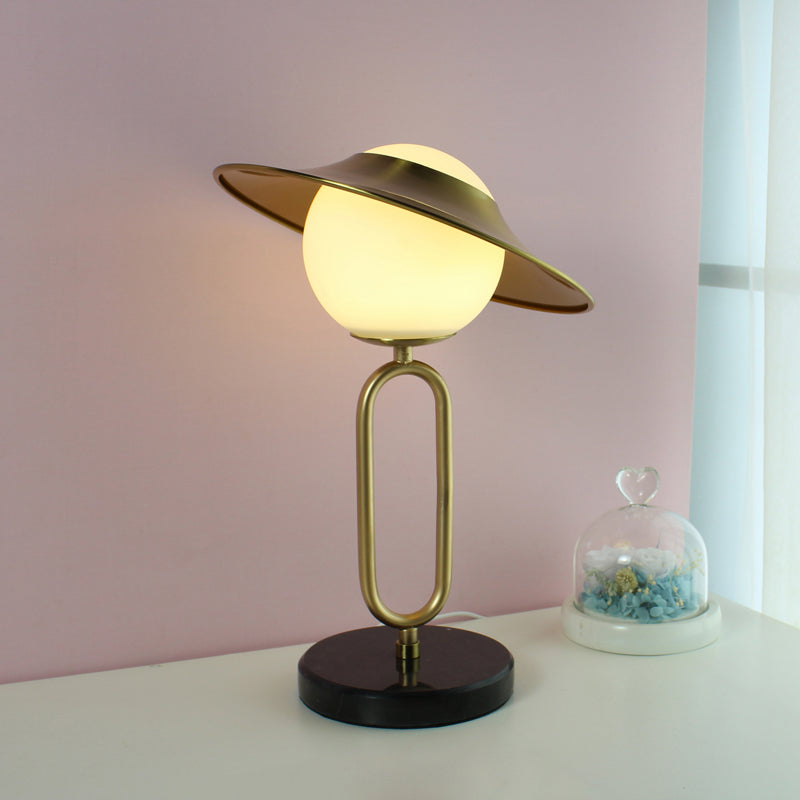 Metal Hat Desk Light Cartoon 1 Light Table Lamp with Cream Glass Shade and Marble Base in Brass Clearhalo 'Lamps' 'Table Lamps' Lighting' 1649886