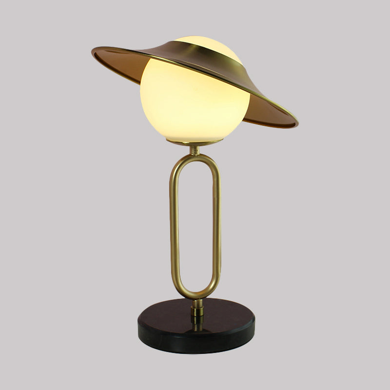 Metal Hat Desk Light Cartoon 1 Light Table Lamp with Cream Glass Shade and Marble Base in Brass Clearhalo 'Lamps' 'Table Lamps' Lighting' 1649887