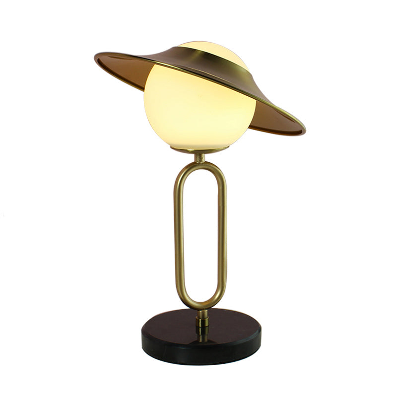 Metal Hat Desk Light Cartoon 1 Light Table Lamp with Cream Glass Shade and Marble Base in Brass Clearhalo 'Lamps' 'Table Lamps' Lighting' 1649888