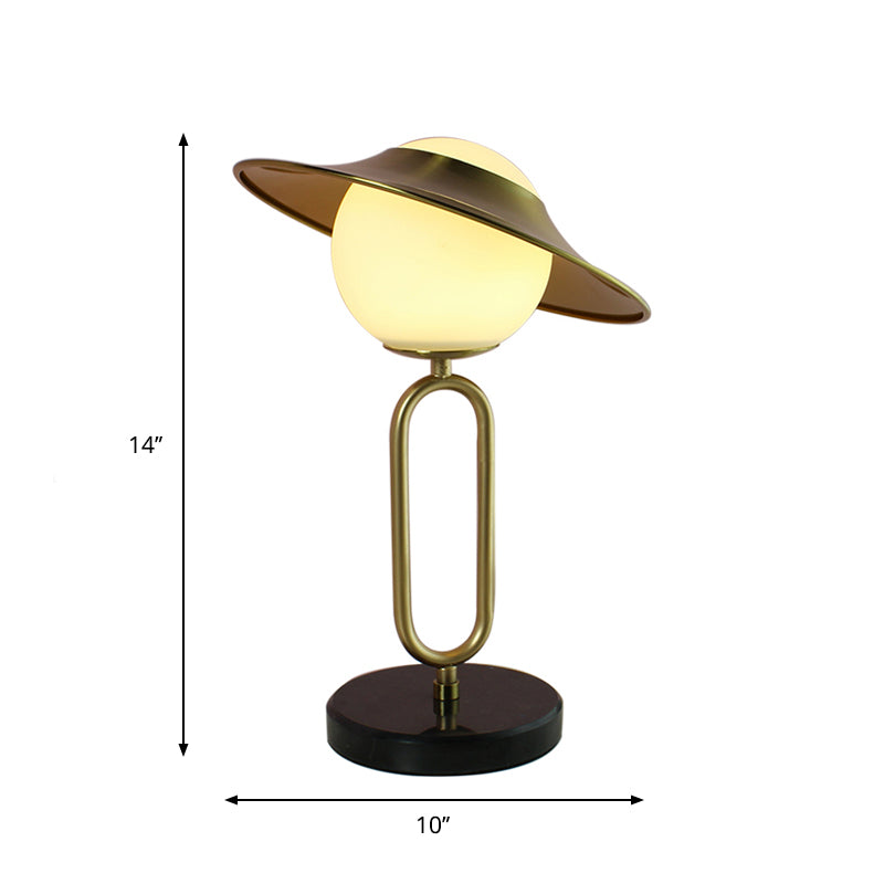 Metal Hat Desk Light Cartoon 1 Light Table Lamp with Cream Glass Shade and Marble Base in Brass Clearhalo 'Lamps' 'Table Lamps' Lighting' 1649889