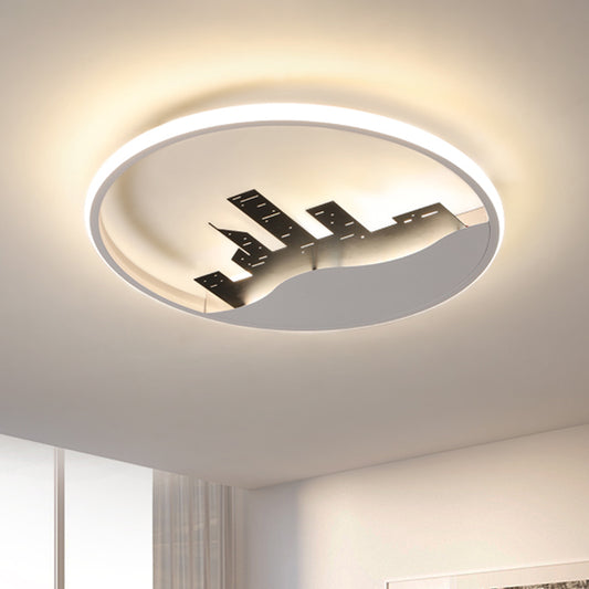 White Round Flush Light Fixture Modern LED Acrylic Flush Mount with Building Decor in Warm/White Light White Clearhalo 'Ceiling Lights' 'Close To Ceiling Lights' 'Close to ceiling' 'Flush mount' Lighting' 1649966