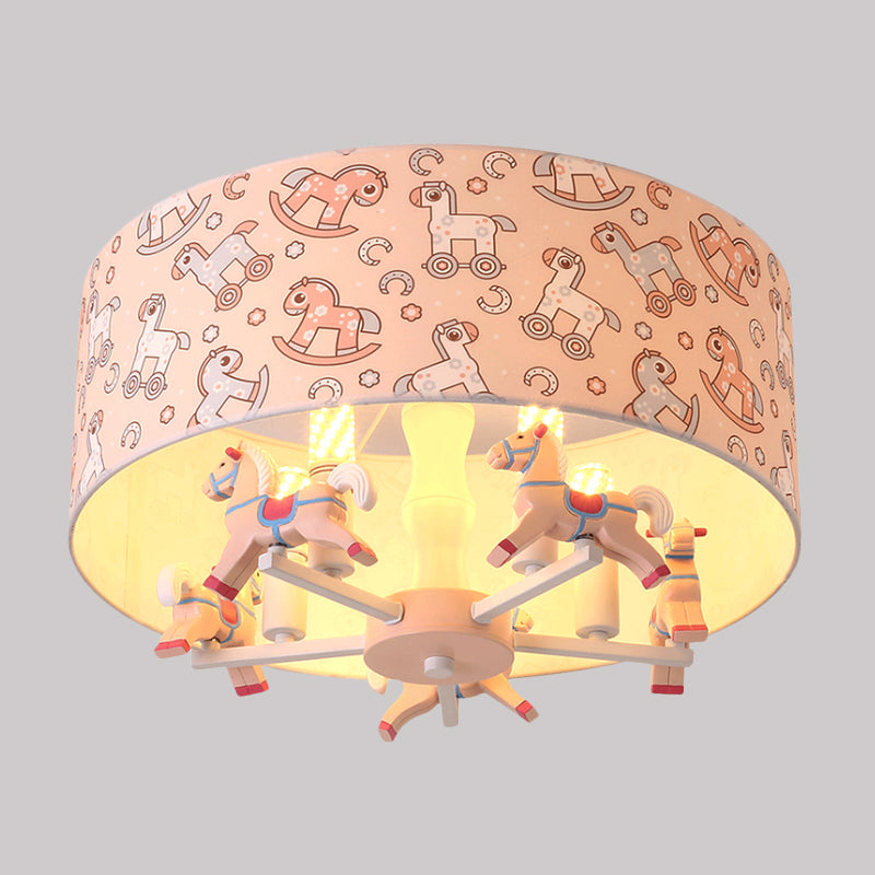 Pink Rounded Semi-Flush Mount Cartoon 5-Bulb Fabric Flush Ceiling Light with Hobbyhorse Decor Clearhalo 'Ceiling Lights' 'Close To Ceiling Lights' 'Close to ceiling' 'Semi-flushmount' Lighting' 1650032