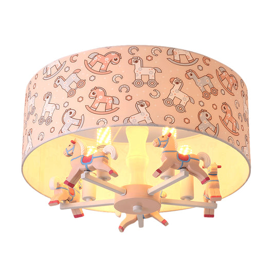 Pink Rounded Semi-Flush Mount Cartoon 5-Bulb Fabric Flush Ceiling Light with Hobbyhorse Decor Clearhalo 'Ceiling Lights' 'Close To Ceiling Lights' 'Close to ceiling' 'Semi-flushmount' Lighting' 1650033
