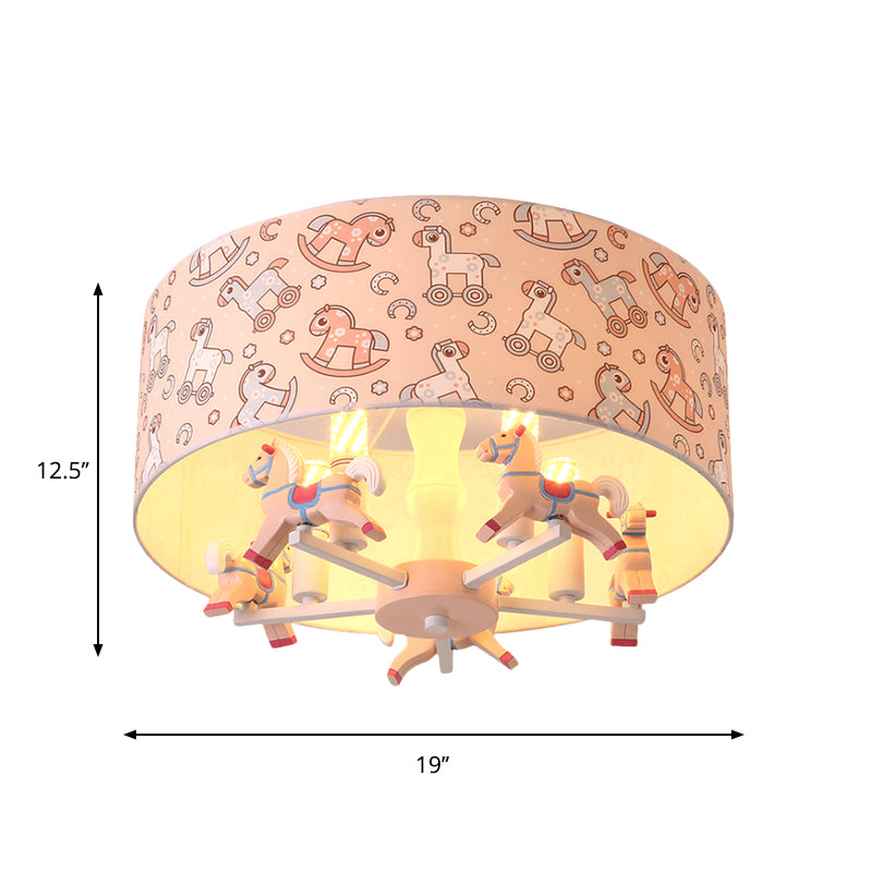 Pink Rounded Semi-Flush Mount Cartoon 5-Bulb Fabric Flush Ceiling Light with Hobbyhorse Decor Clearhalo 'Ceiling Lights' 'Close To Ceiling Lights' 'Close to ceiling' 'Semi-flushmount' Lighting' 1650034