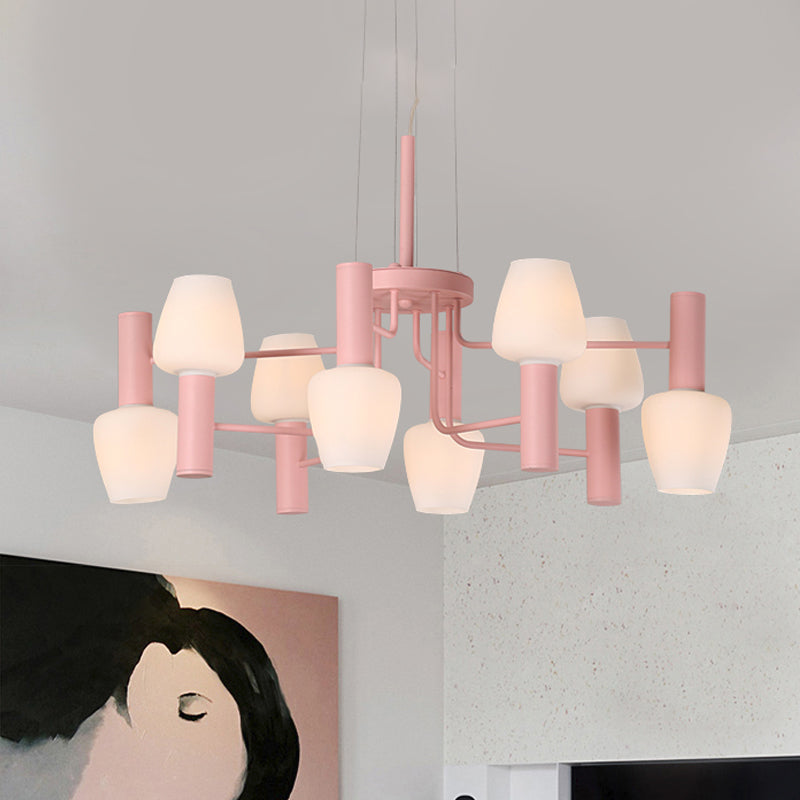 Grey/Pink/Yellow Conical Chandelier Lamp Modernist 8 Heads Frosted Glass Hanging Light for Living Room Clearhalo 'Ceiling Lights' 'Chandeliers' Lighting' options 1650068