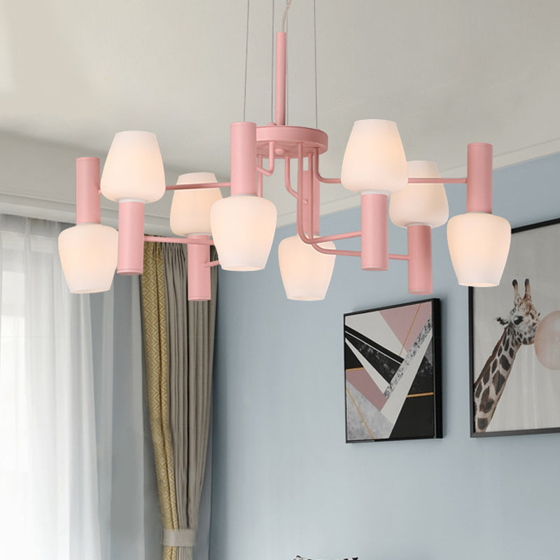 Grey/Pink/Yellow Conical Chandelier Lamp Modernist 8 Heads Frosted Glass Hanging Light for Living Room Clearhalo 'Ceiling Lights' 'Chandeliers' Lighting' options 1650069