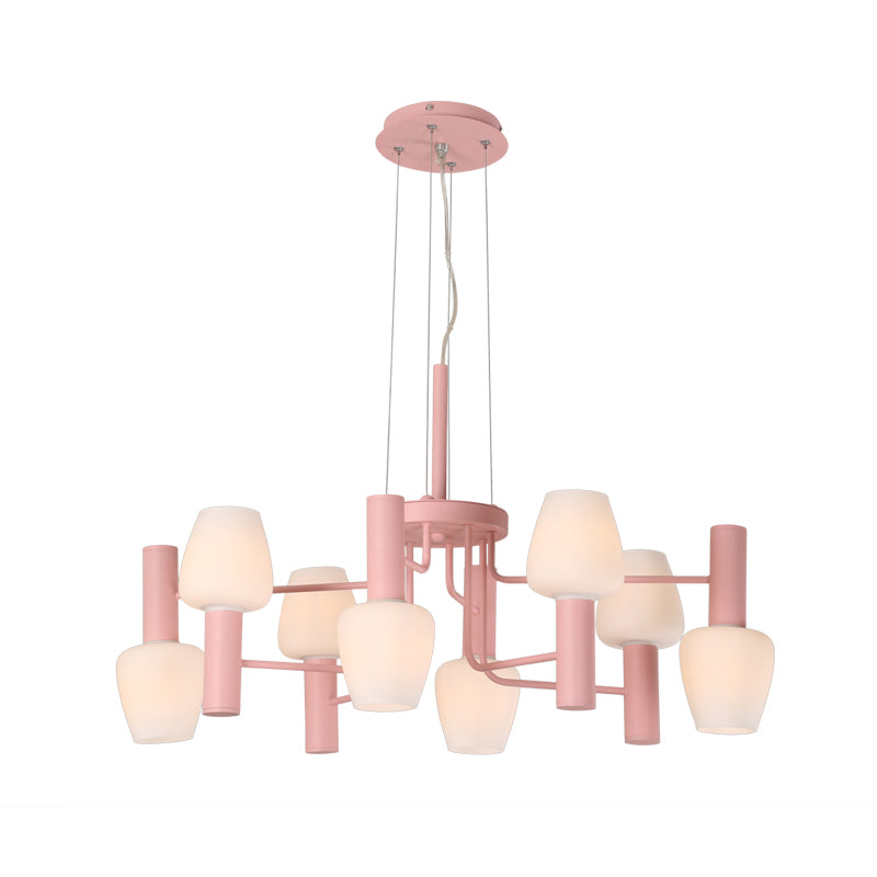 Grey/Pink/Yellow Conical Chandelier Lamp Modernist 8 Heads Frosted Glass Hanging Light for Living Room Clearhalo 'Ceiling Lights' 'Chandeliers' Lighting' options 1650070