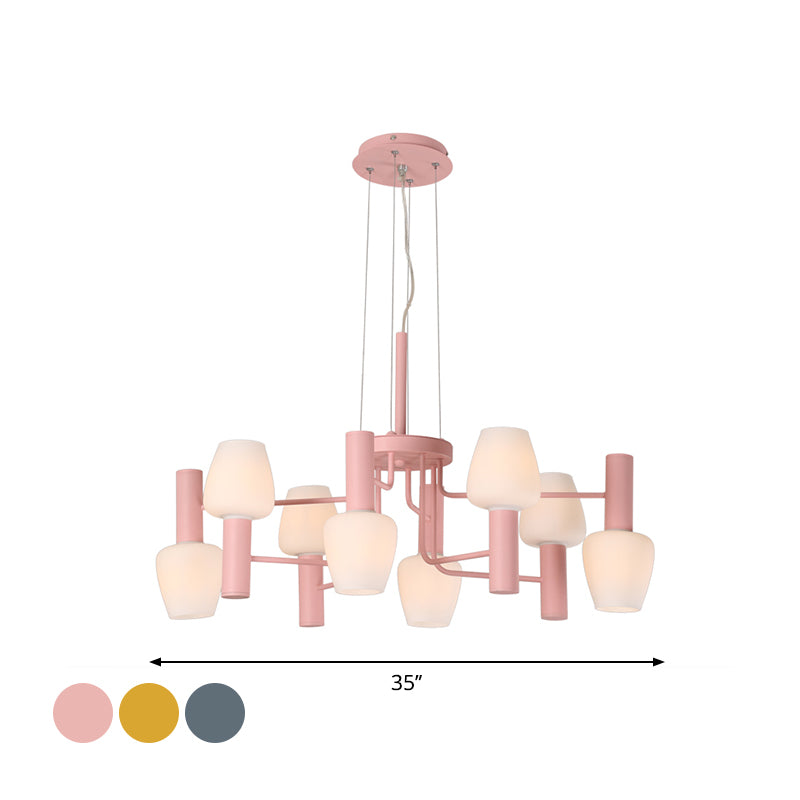 Grey/Pink/Yellow Conical Chandelier Lamp Modernist 8 Heads Frosted Glass Hanging Light for Living Room Clearhalo 'Ceiling Lights' 'Chandeliers' Lighting' options 1650071