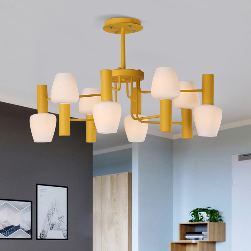 Grey/Pink/Yellow Conical Chandelier Lamp Modernist 8 Heads Frosted Glass Hanging Light for Living Room Clearhalo 'Ceiling Lights' 'Chandeliers' Lighting' options 1650072