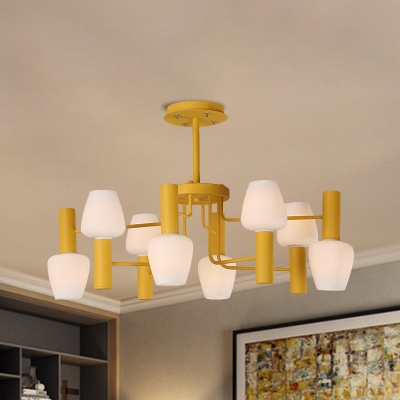 Grey/Pink/Yellow Conical Chandelier Lamp Modernist 8 Heads Frosted Glass Hanging Light for Living Room Clearhalo 'Ceiling Lights' 'Chandeliers' Lighting' options 1650073