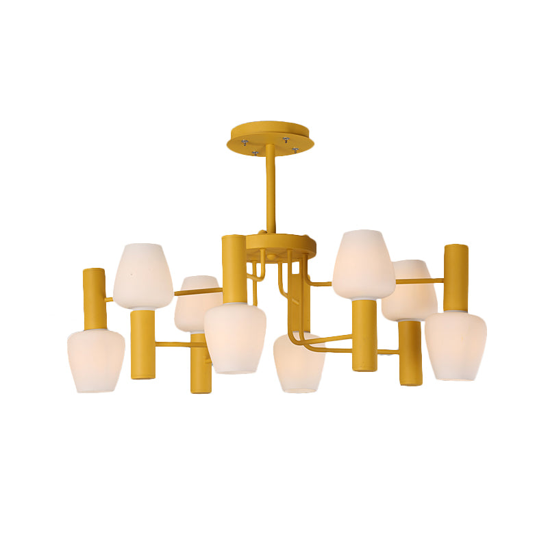 Grey/Pink/Yellow Conical Chandelier Lamp Modernist 8 Heads Frosted Glass Hanging Light for Living Room Clearhalo 'Ceiling Lights' 'Chandeliers' Lighting' options 1650075