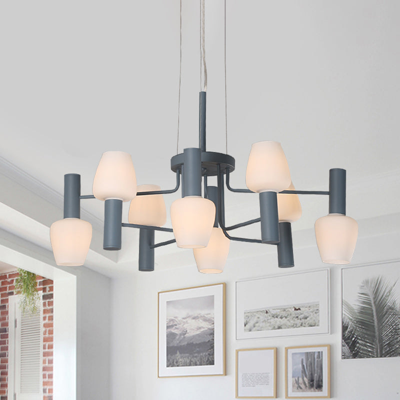 Grey/Pink/Yellow Conical Chandelier Lamp Modernist 8 Heads Frosted Glass Hanging Light for Living Room Clearhalo 'Ceiling Lights' 'Chandeliers' Lighting' options 1650076