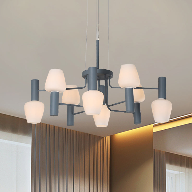 Grey/Pink/Yellow Conical Chandelier Lamp Modernist 8 Heads Frosted Glass Hanging Light for Living Room Clearhalo 'Ceiling Lights' 'Chandeliers' Lighting' options 1650077