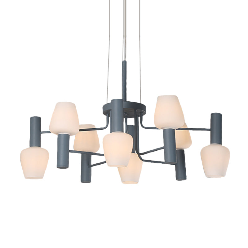 Grey/Pink/Yellow Conical Chandelier Lamp Modernist 8 Heads Frosted Glass Hanging Light for Living Room Clearhalo 'Ceiling Lights' 'Chandeliers' Lighting' options 1650079