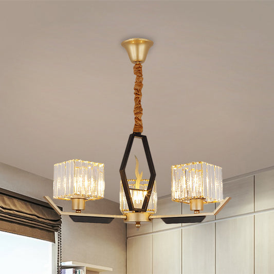 3/6/8 Heads Parlor Ceiling Light Simplicity Gold Chandelier Lamp with Cubic Crystal Prisms Shade 3 Gold Clearhalo 'Ceiling Lights' 'Chandeliers' 'Modern Chandeliers' 'Modern' Lighting' 1650254