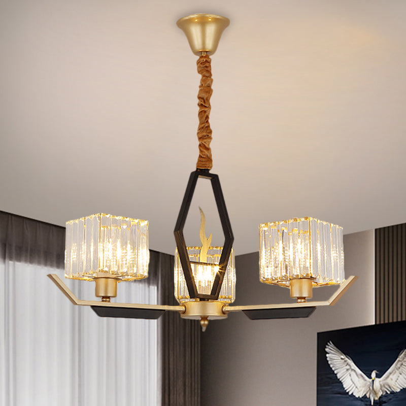 3/6/8 Heads Parlor Ceiling Light Simplicity Gold Chandelier Lamp with Cubic Crystal Prisms Shade Clearhalo 'Ceiling Lights' 'Chandeliers' 'Modern Chandeliers' 'Modern' Lighting' 1650255