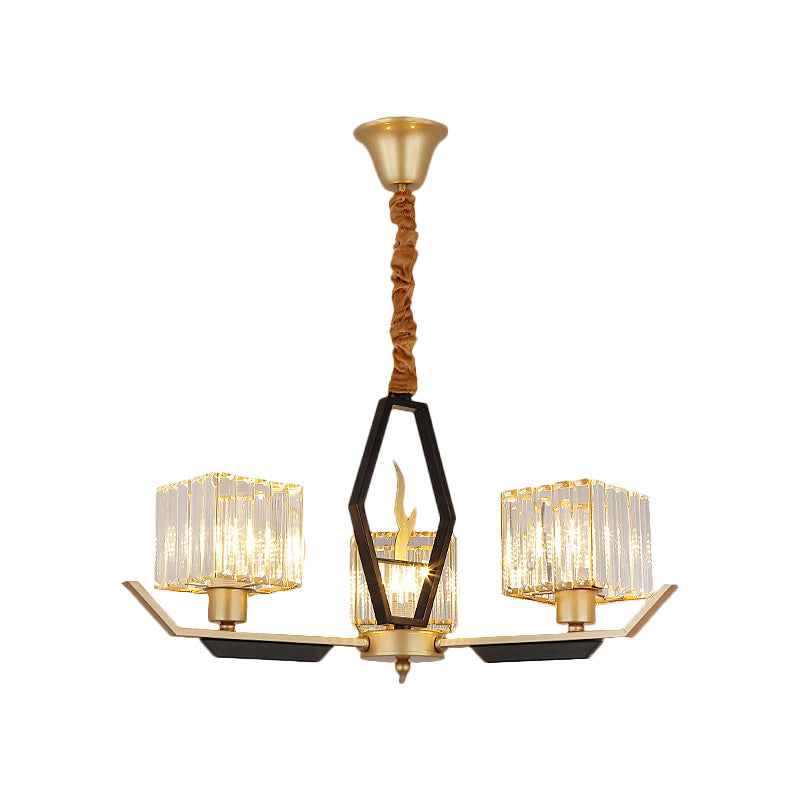 3/6/8 Heads Parlor Ceiling Light Simplicity Gold Chandelier Lamp with Cubic Crystal Prisms Shade Clearhalo 'Ceiling Lights' 'Chandeliers' 'Modern Chandeliers' 'Modern' Lighting' 1650256