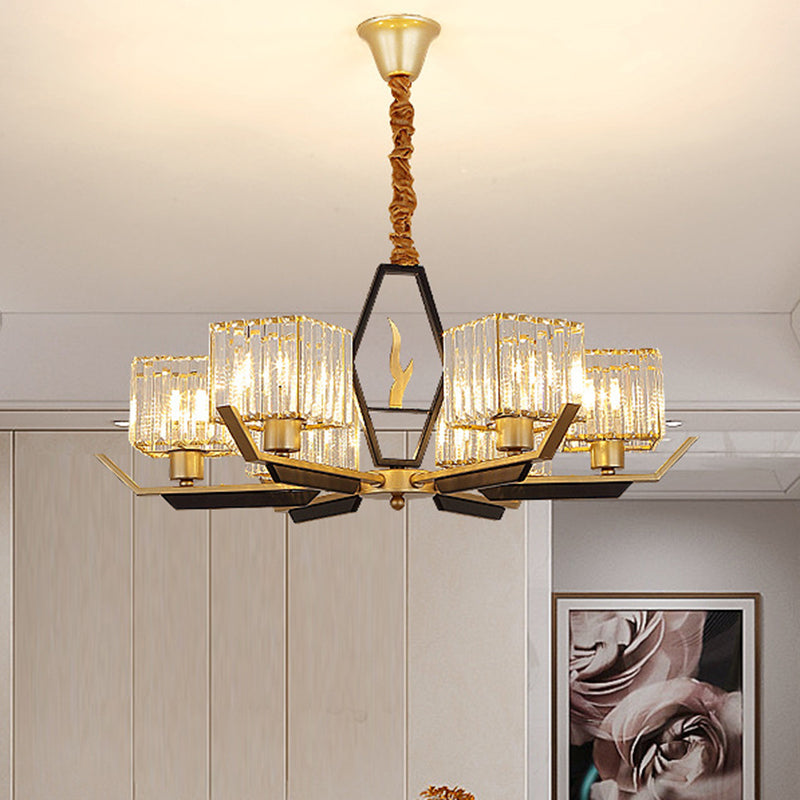 3/6/8 Heads Parlor Ceiling Light Simplicity Gold Chandelier Lamp with Cubic Crystal Prisms Shade 6 Gold Clearhalo 'Ceiling Lights' 'Chandeliers' 'Modern Chandeliers' 'Modern' Lighting' 1650258