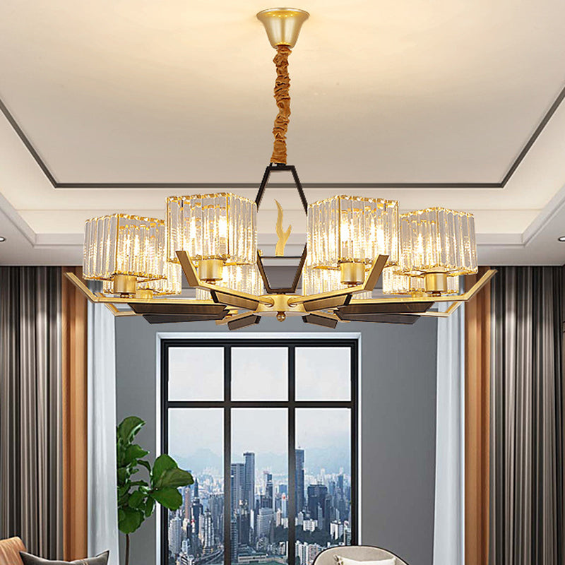 3/6/8 Heads Parlor Ceiling Light Simplicity Gold Chandelier Lamp with Cubic Crystal Prisms Shade 8 Gold Clearhalo 'Ceiling Lights' 'Chandeliers' 'Modern Chandeliers' 'Modern' Lighting' 1650263