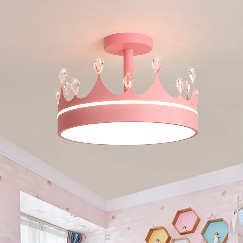 Crown Design Semi Flush Mount Lighting Simple Metallic LED Kid Room Ceiling Mounted Chandelier in Pink/Gold/Blue Pink Clearhalo 'Ceiling Lights' 'Close To Ceiling Lights' 'Close to ceiling' 'Semi-flushmount' Lighting' 1650425