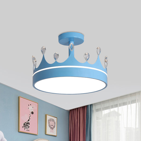 Crown Design Semi Flush Mount Lighting Simple Metallic LED Kid Room Ceiling Mounted Chandelier in Pink/Gold/Blue Blue Clearhalo 'Ceiling Lights' 'Close To Ceiling Lights' 'Close to ceiling' 'Semi-flushmount' Lighting' 1650429