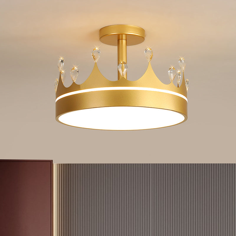 Crown Design Semi Flush Mount Lighting Simple Metallic LED Kid Room Ceiling Mounted Chandelier in Pink/Gold/Blue Gold Clearhalo 'Ceiling Lights' 'Close To Ceiling Lights' 'Close to ceiling' 'Semi-flushmount' Lighting' 1650433