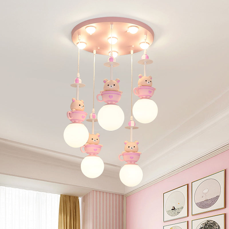 5-Light Nursery Room Suspension Lamp Modern Pink Multi Light Pendant with Global Cream Glass Shade, Warm/White Light Clearhalo 'Ceiling Lights' 'Pendant Lights' 'Pendants' Lighting' 1650470