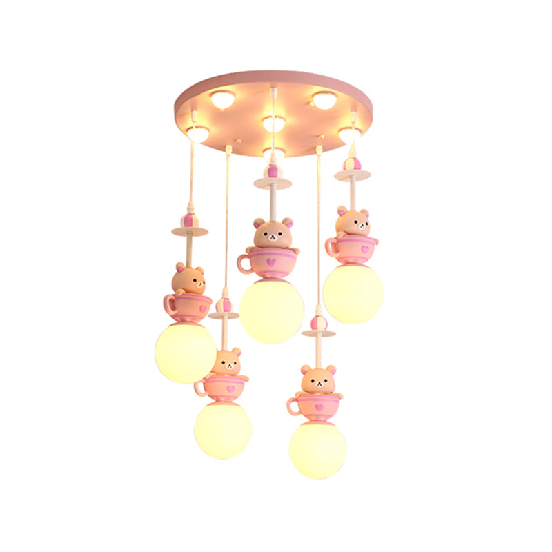 5-Light Nursery Room Suspension Lamp Modern Pink Multi Light Pendant with Global Cream Glass Shade, Warm/White Light Clearhalo 'Ceiling Lights' 'Pendant Lights' 'Pendants' Lighting' 1650472