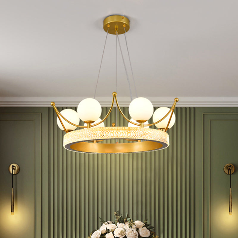 Modern Crown Shape Suspension Lamp Metal 6 Lights Girl Room LED Ceiling Chandelier in Gold with Orb Cream Glass Shade Clearhalo 'Ceiling Lights' 'Chandeliers' Lighting' options 1650619