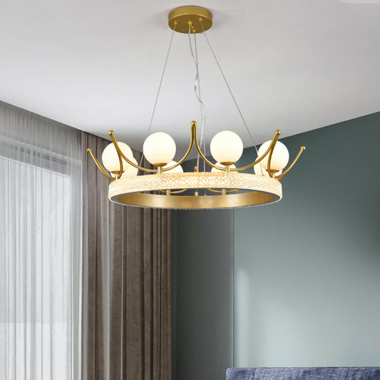 Modern Crown Shape Suspension Lamp Metal 6 Lights Girl Room LED Ceiling Chandelier in Gold with Orb Cream Glass Shade Clearhalo 'Ceiling Lights' 'Chandeliers' Lighting' options 1650620