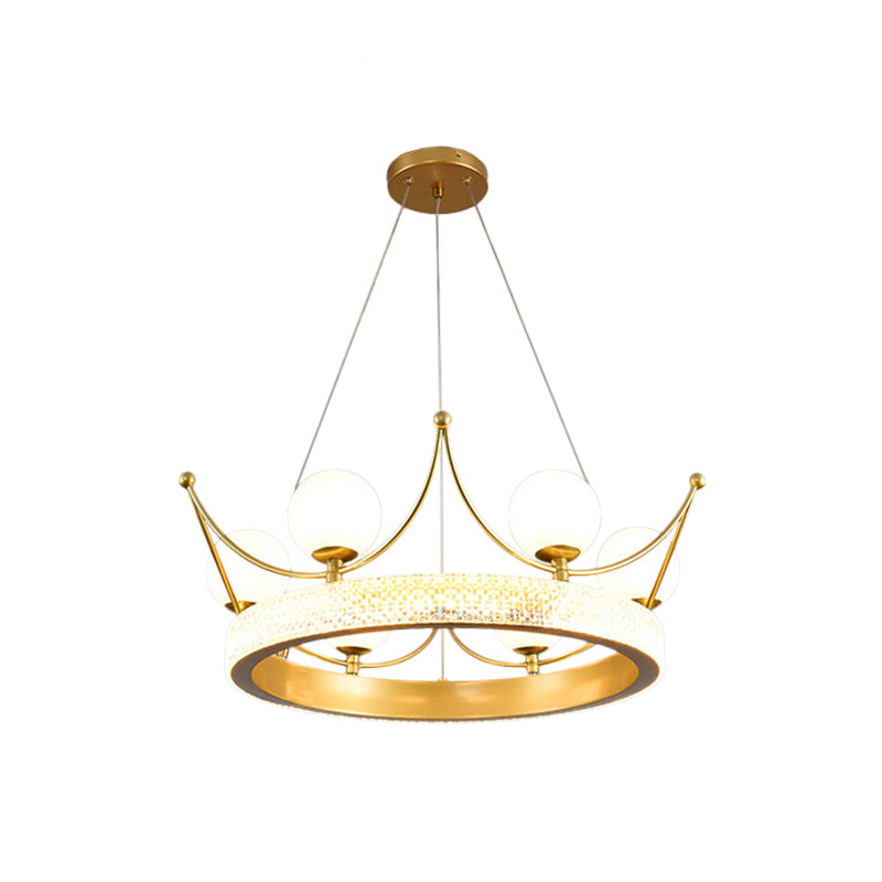 Modern Crown Shape Suspension Lamp Metal 6 Lights Girl Room LED Ceiling Chandelier in Gold with Orb Cream Glass Shade Clearhalo 'Ceiling Lights' 'Chandeliers' Lighting' options 1650621