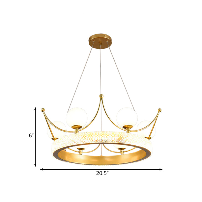 Modern Crown Shape Suspension Lamp Metal 6 Lights Girl Room LED Ceiling Chandelier in Gold with Orb Cream Glass Shade Clearhalo 'Ceiling Lights' 'Chandeliers' Lighting' options 1650622