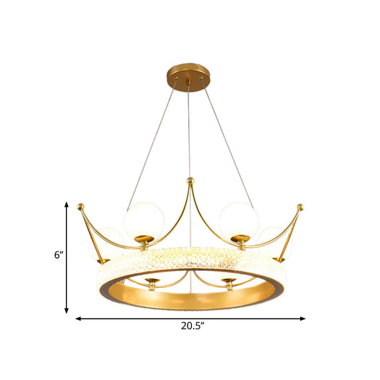 Modern Crown Shape Suspension Lamp Metal 6 Lights Girl Room LED Ceiling Chandelier in Gold with Orb Cream Glass Shade Clearhalo 'Ceiling Lights' 'Chandeliers' Lighting' options 1650622