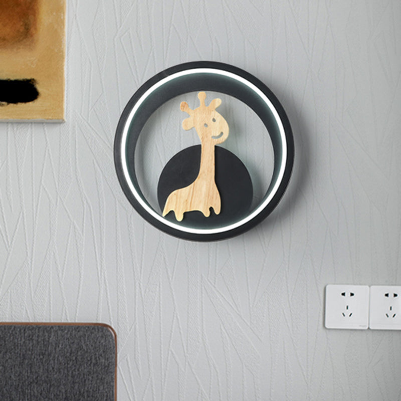 Grey/Black Ring Wall Light Modern LED Acrylic Wall Sconce with Giraffe Figure Decor for Children Room, Warm/White Light Black Clearhalo 'Wall Lamps & Sconces' 'Wall Lights' Lighting' 1650631