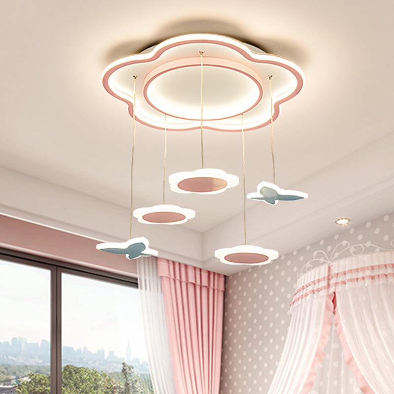 Flower Shape Metallic Multi Ceiling Light Contemporary 5 Lights Pink LED Pendulum Lamp for Girl Room Pink Clearhalo 'Ceiling Lights' 'Pendant Lights' 'Pendants' Lighting' 1650643_2f86a25a-dbbc-4657-81e2-5a0fda44adc5