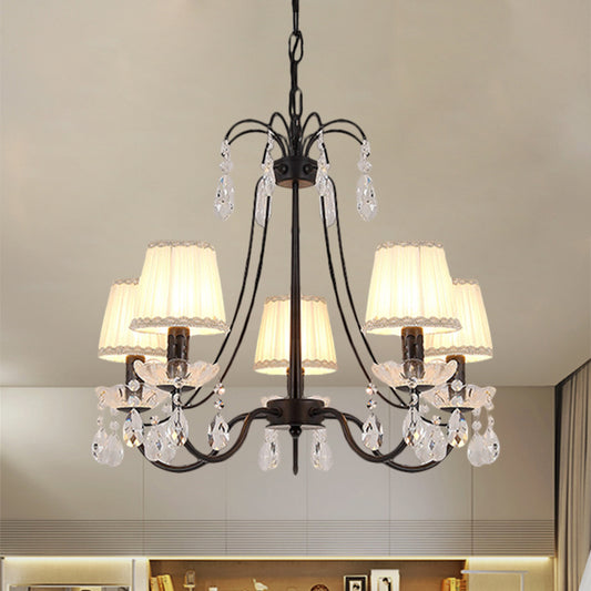 Modernist Cone Hanging Chandelier Fabric 5/6/8 Bulbs Restaurant Down Lighting with Dropping Crystal in Black Clearhalo 'Ceiling Lights' 'Chandeliers' 'Modern Chandeliers' 'Modern' Lighting' 1650657