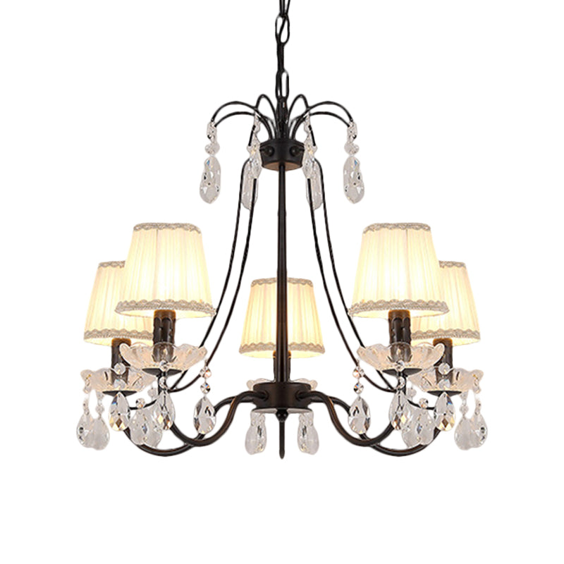 Modernist Cone Hanging Chandelier Fabric 5/6/8 Bulbs Restaurant Down Lighting with Dropping Crystal in Black Clearhalo 'Ceiling Lights' 'Chandeliers' 'Modern Chandeliers' 'Modern' Lighting' 1650658