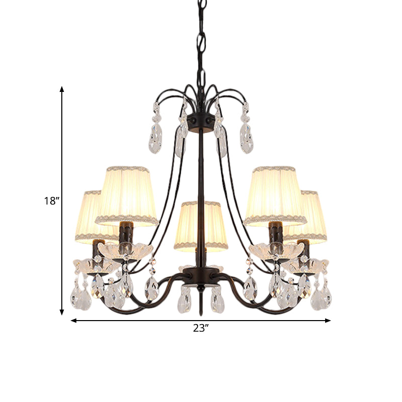 Modernist Cone Hanging Chandelier Fabric 5/6/8 Bulbs Restaurant Down Lighting with Dropping Crystal in Black Clearhalo 'Ceiling Lights' 'Chandeliers' 'Modern Chandeliers' 'Modern' Lighting' 1650659