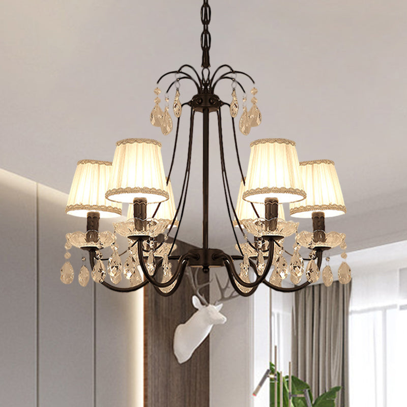 Modernist Cone Hanging Chandelier Fabric 5/6/8 Bulbs Restaurant Down Lighting with Dropping Crystal in Black 6 Black Clearhalo 'Ceiling Lights' 'Chandeliers' 'Modern Chandeliers' 'Modern' Lighting' 1650660