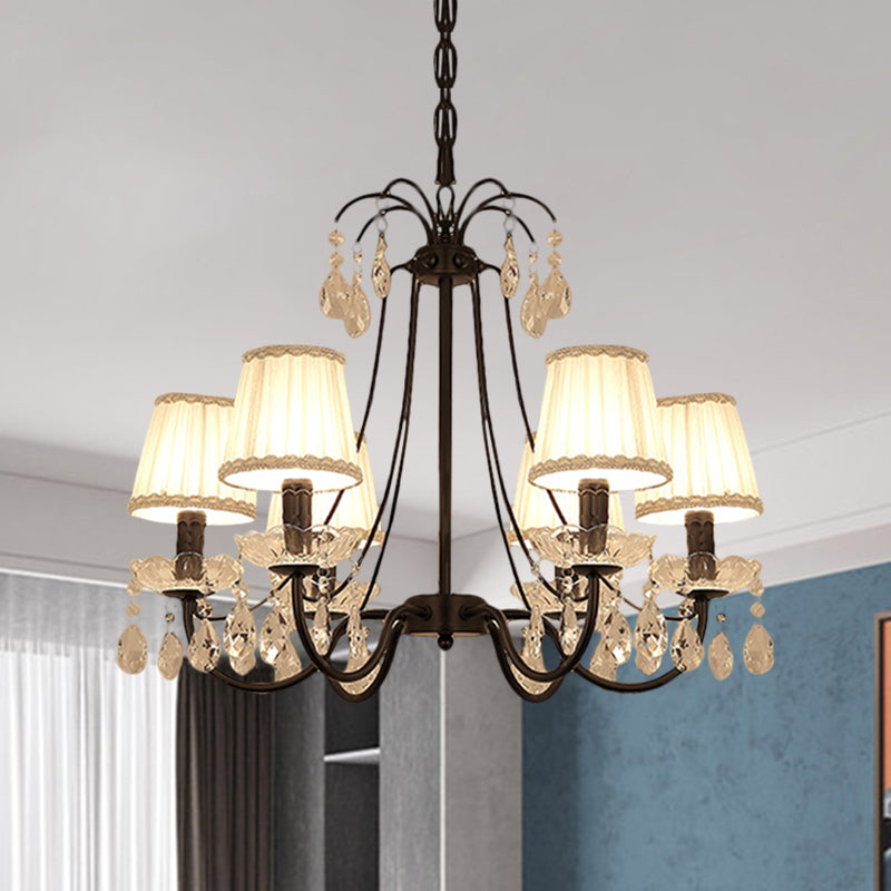 Modernist Cone Hanging Chandelier Fabric 5/6/8 Bulbs Restaurant Down Lighting with Dropping Crystal in Black Clearhalo 'Ceiling Lights' 'Chandeliers' 'Modern Chandeliers' 'Modern' Lighting' 1650662