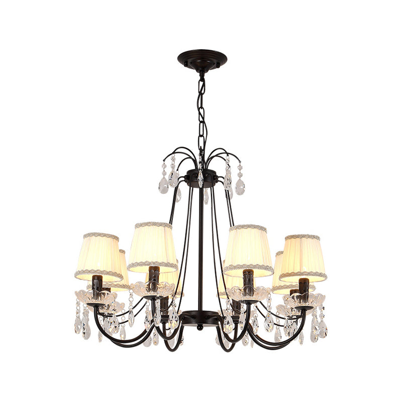 Modernist Cone Hanging Chandelier Fabric 5/6/8 Bulbs Restaurant Down Lighting with Dropping Crystal in Black Clearhalo 'Ceiling Lights' 'Chandeliers' 'Modern Chandeliers' 'Modern' Lighting' 1650667