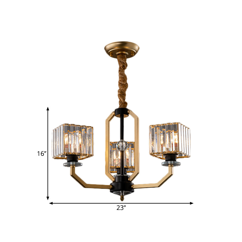 Crystal Prisms Cube Ceiling Chandelier Minimalist 3/6/8-Bulb Hanging Pendant Light with Curved Arm in Brass Clearhalo 'Ceiling Lights' 'Chandeliers' 'Close To Ceiling Lights' 'Glass shade' 'Glass' 'Modern Chandeliers' 'Modern' 'Pendant Lights' Lighting' 1650682